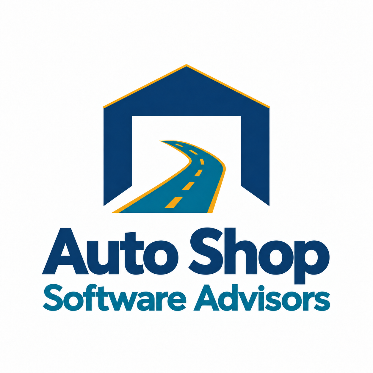Auto Shop Software Advisors — navy shop, teal road and gold roof and lane markings